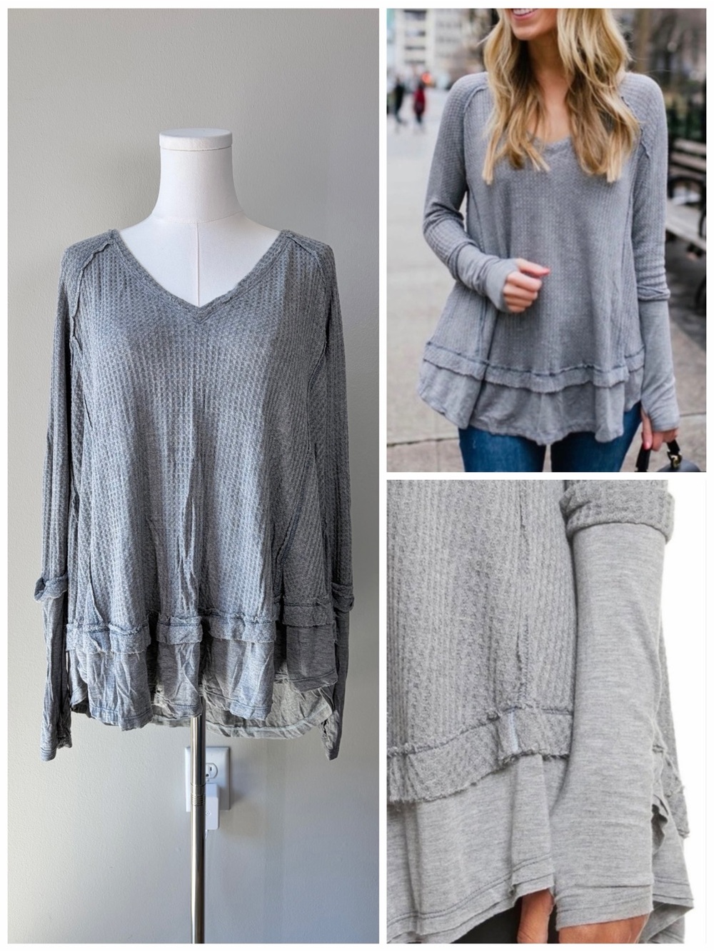 We The Free Gray Laguna Layered Waffle Knit Thermal Long Sleeve Top